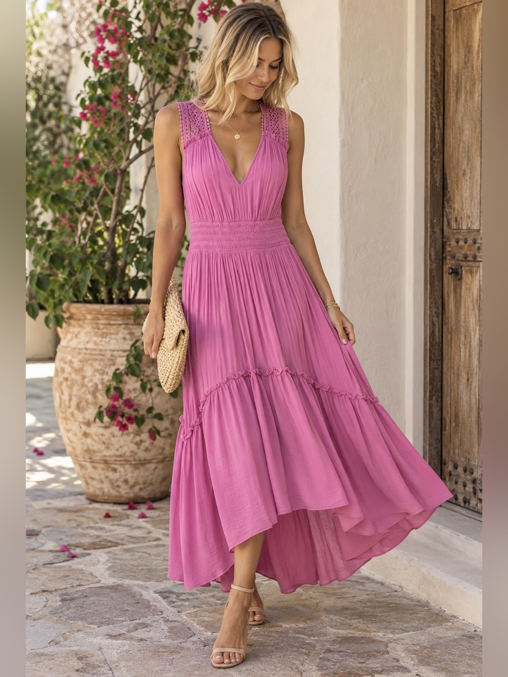 Ramy Brook Hadley V-Neck Tiered Maxi Dress with Crochet Straps